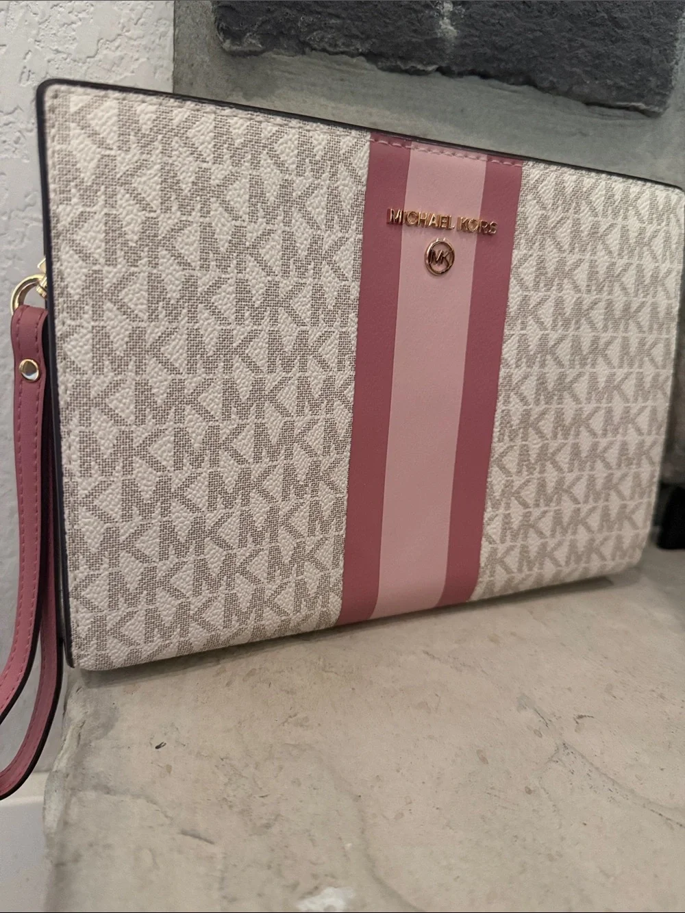 Michael Kors White Signature Logo Wristlet with Pink Stripe